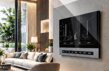 Wall-mounted smart home touch panel in a living room, controlling lighting, curtains and climate